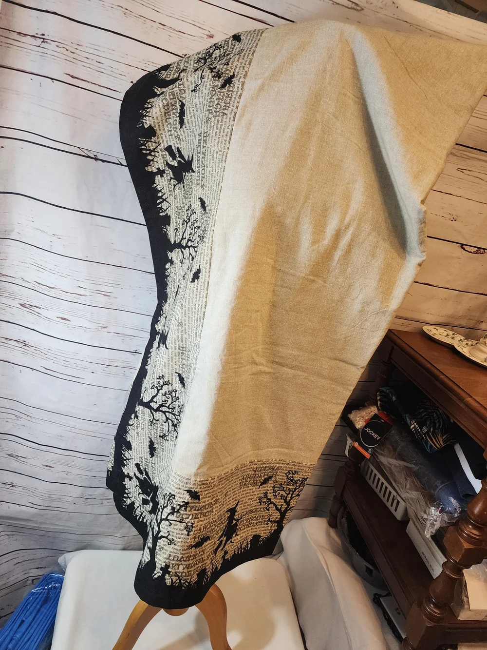 Beige and Black Halloween Dinner Table Cloth Vintage Print Witches Bats Trees
